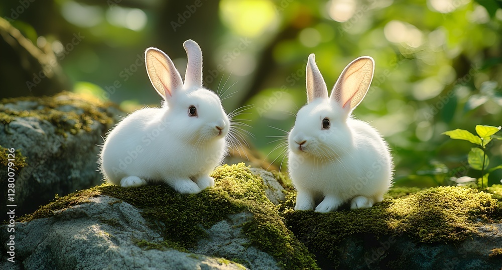 Two charming white rabbits perched on a lush mossy rock surrounded by natural beauty Two charming white rabbits perched on a lush mossy rock surrounded by natural beauty