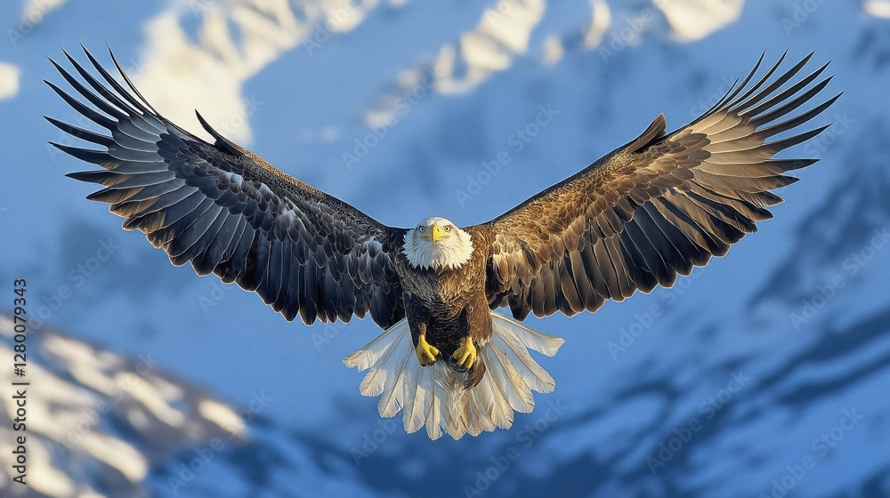 Fototapeta premium Bald eagle flying over snow-covered mountains with its wings spread wide