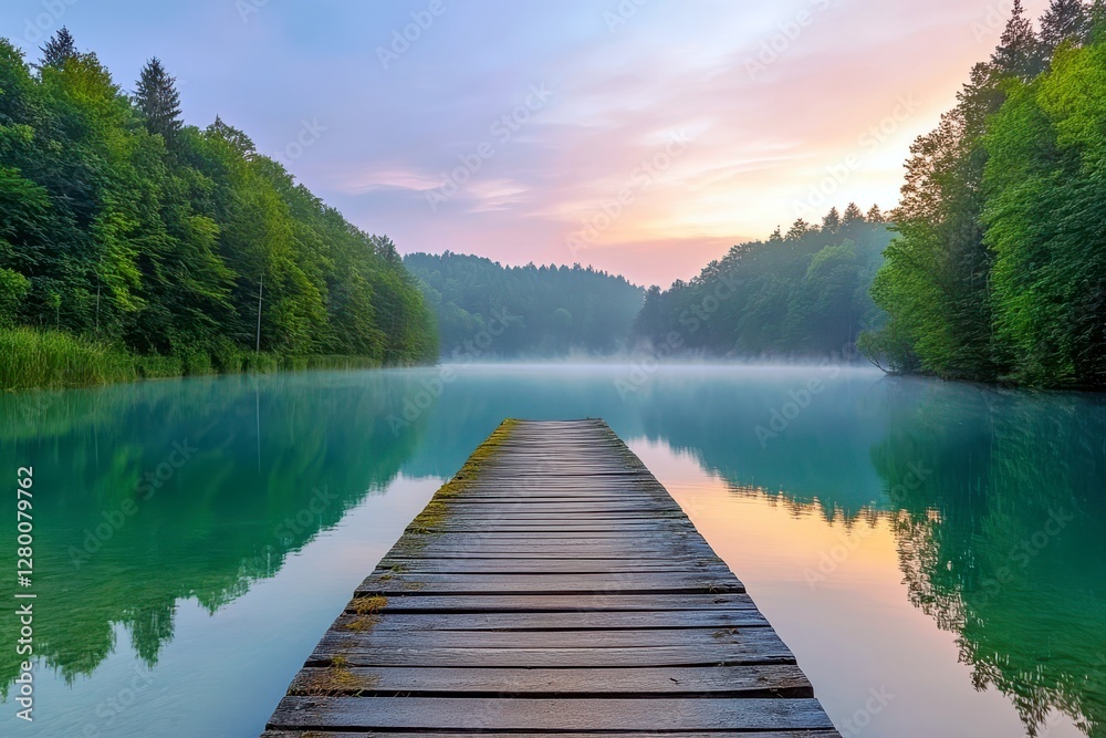 Tranquil Wooden Pier Extending Into Misty Lake Surrounded by Lush Green Forest Under Pastel Sunrise Sky Reflections on Water Surface Tranquil Wooden Pier Extending Into Misty Lake Surrounded by Lush Green Forest Under Pastel Sunrise Sky Reflections on Water Surface