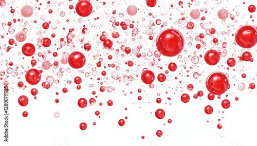 Red bubbles rising in liquid,  white background,  soft, dynamic, festive photo