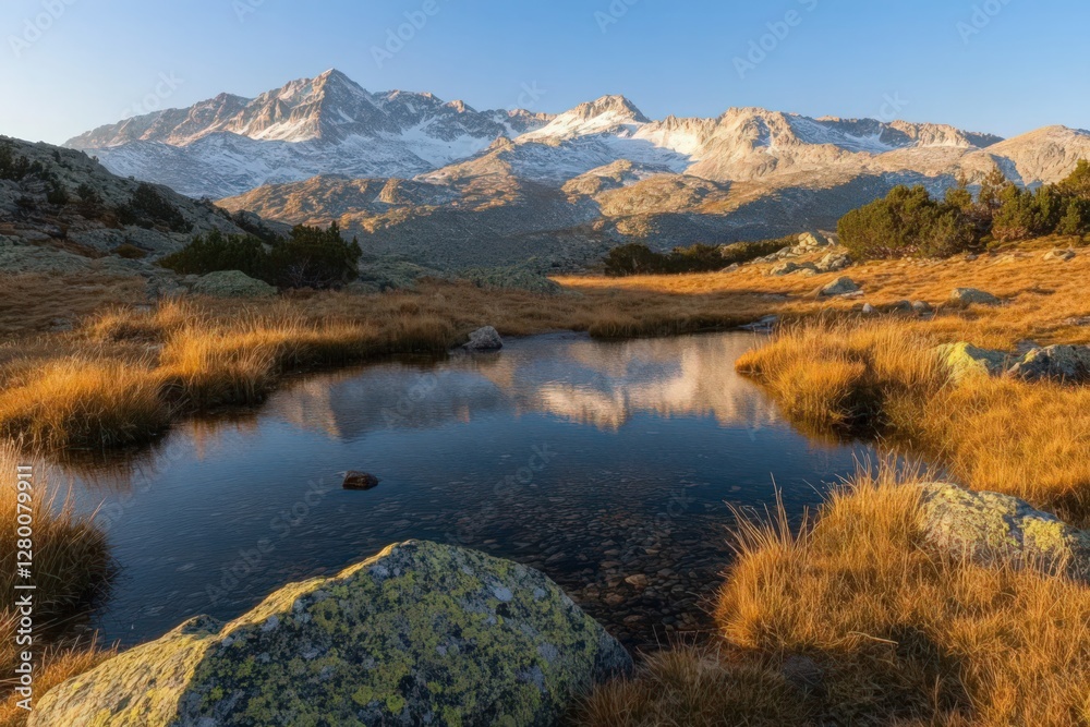 Naklejka premium Serene Mountain Lake Reflecting Snow Capped Peaks in Autumn