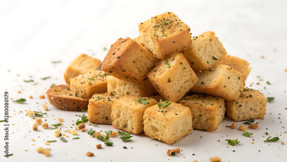 Golden brown croutons piled on white surface with seasoning for culinary use. Golden brown croutons piled on white surface with seasoning for culinary use.
