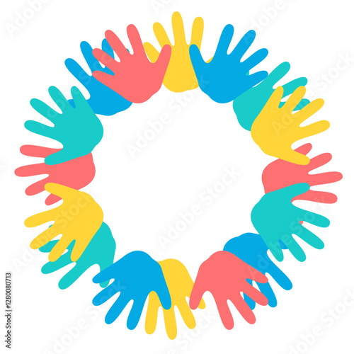 Hand Palm Round Frame. Kids Hand Imprint Border. Handbreadth Colorful Background.
