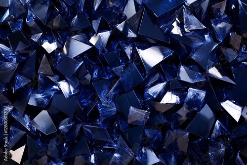 Exploration of a dynamic 3D geometric pattern featuring dark blue crystalline shapes with varying angles and reflections