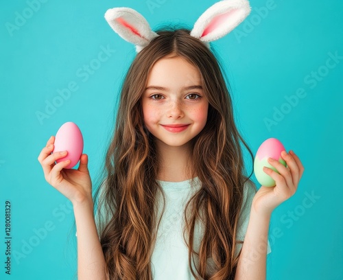 A young girl with long brown hair, wearing bunny ears on her head and holding an Easter egg in each hand photo