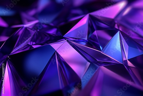 Futuristic abstract geometric pattern featuring 3D shapes in vibrant purple hues set against a sleek background