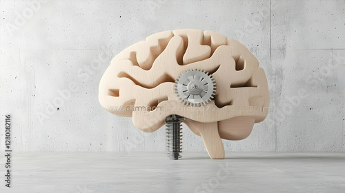 Abstract brain design featuring intricate wind-up mechanism, symbolizing the interplay of creativity and mechanical innovation, vibrant colors enhance visual impact.
