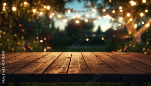 Wooden table outdoors at garden party with string lights photo