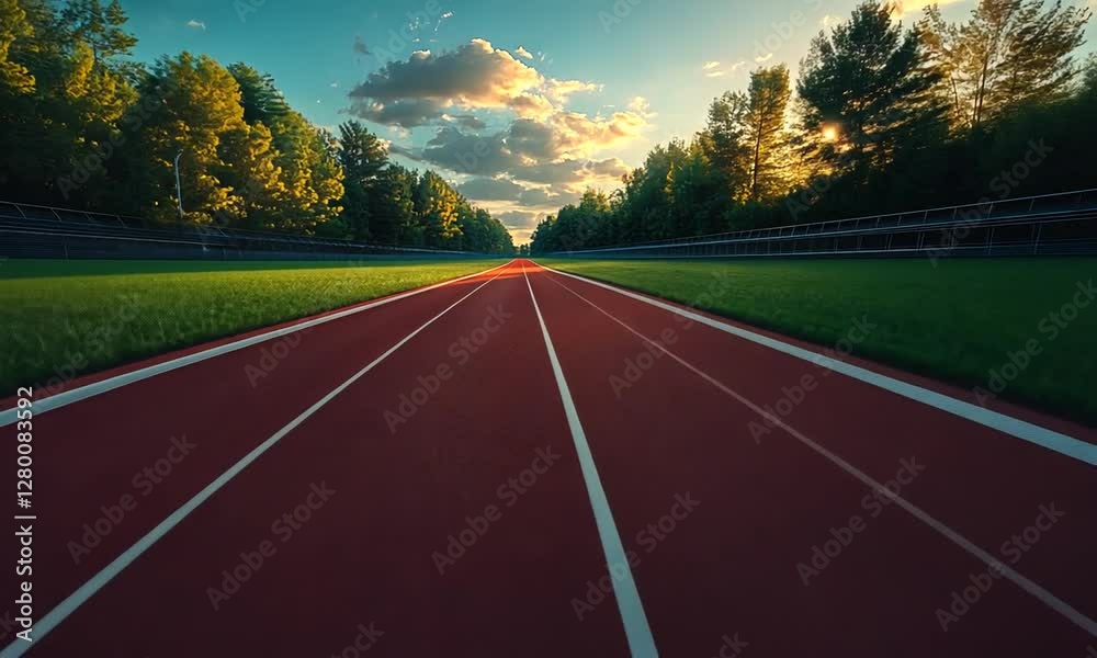 Scenic view of a red running track at sunset, surrounded by lush greenery and clouds Scenic view of a red running track at sunset, surrounded by lush greenery and clouds