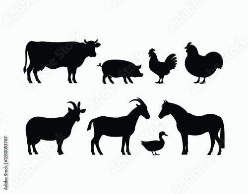 Clear silhouettes of farm animals in black on white background