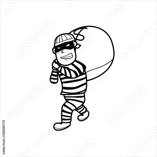illustration of a criminal, who is running away with a sack of money, black and white, cartoon, good for your visual elements, vector format