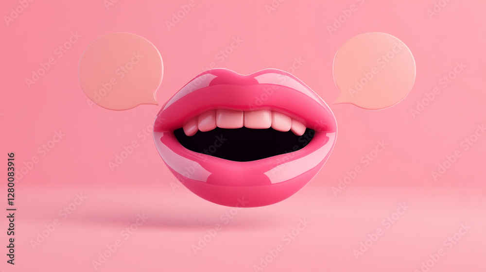 Naklejka premium Conceptual Pink Lips with Speech Bubbles, Communication, and Expression