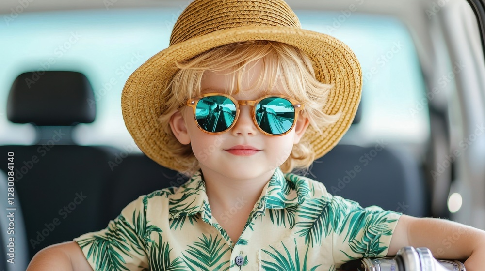 Fototapeta premium Young child wearing sunglasses and straw hat in a car, ready for summer adventure with palm leaf shirt and joyful expression, exploring new destinations