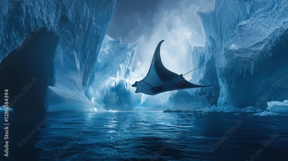 Manta ray glides through icy Antarctic cave. Manta ray glides through icy Antarctic cave.