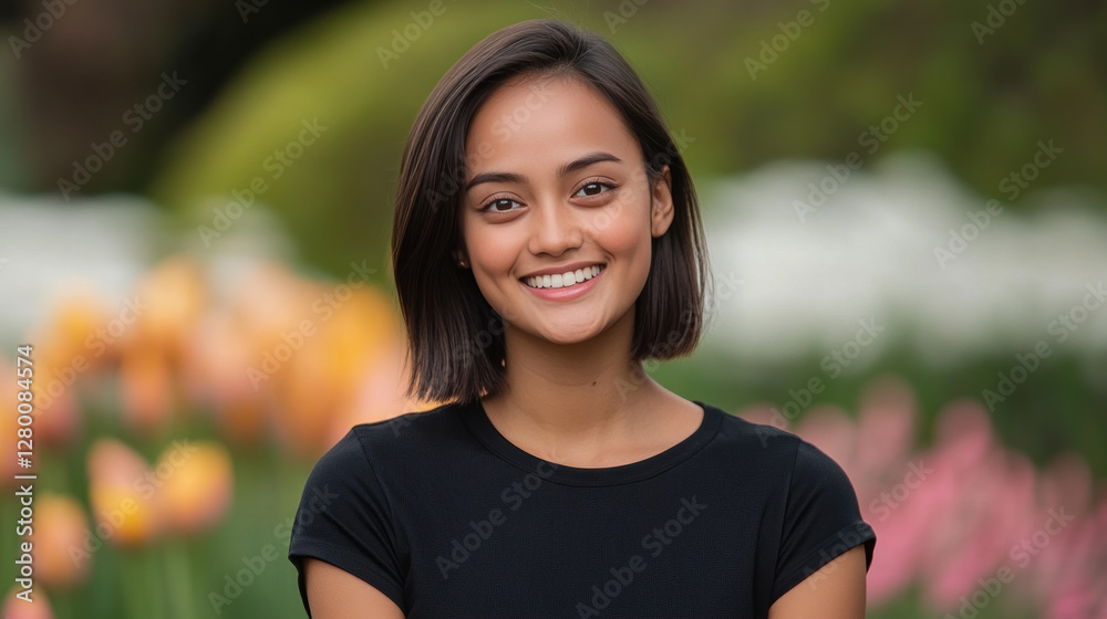 Indonesian woman in black t-shirt smiling enjoying vacation trip at tulip garden