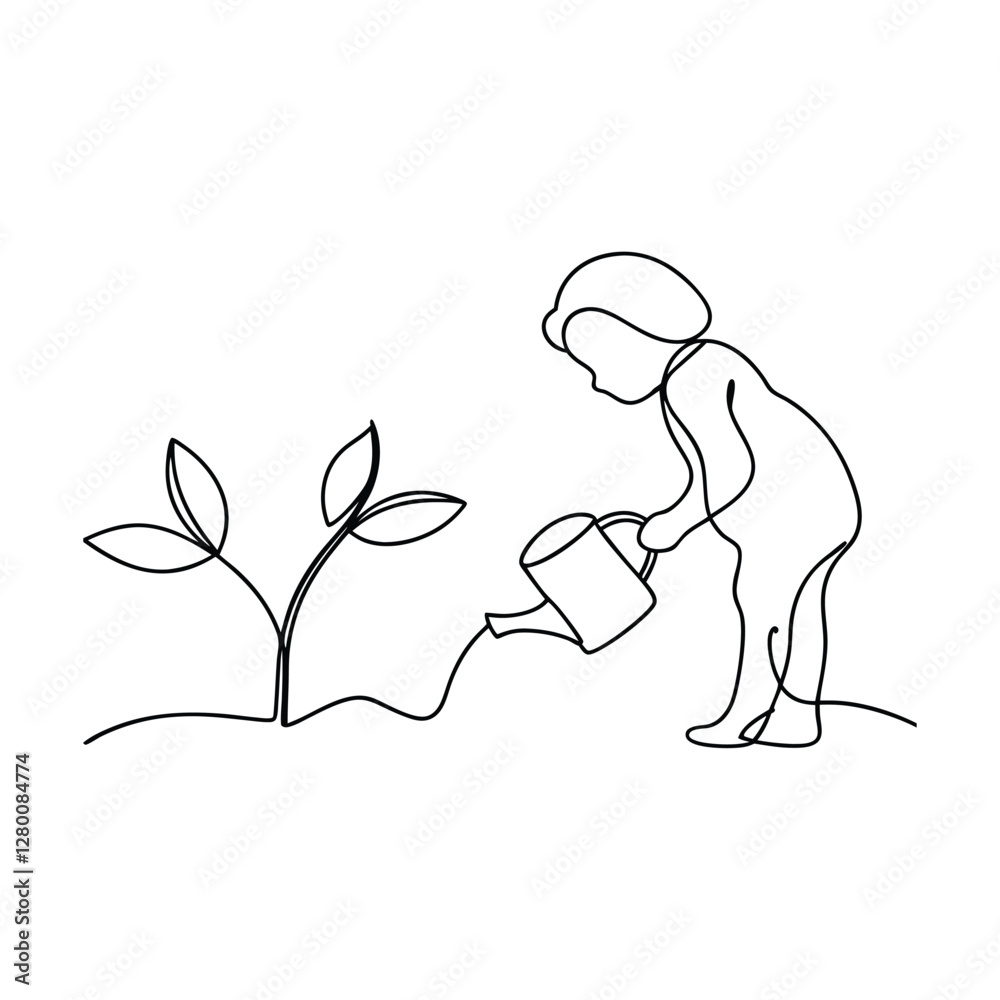 Fototapeta premium Child watering plant, single line drawing, nature, growth, nurture, care, seedling, sprout, garden, 