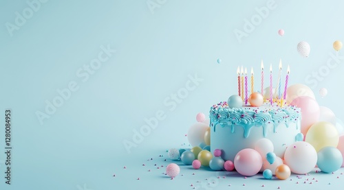 Happy birthday banner template with a cake and balloons on a light blue background
