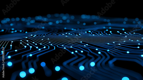 Digital Circuitry Design, intricate blue lines and connecting dots on a white background, symbolizing technology and connectivity in modern systems