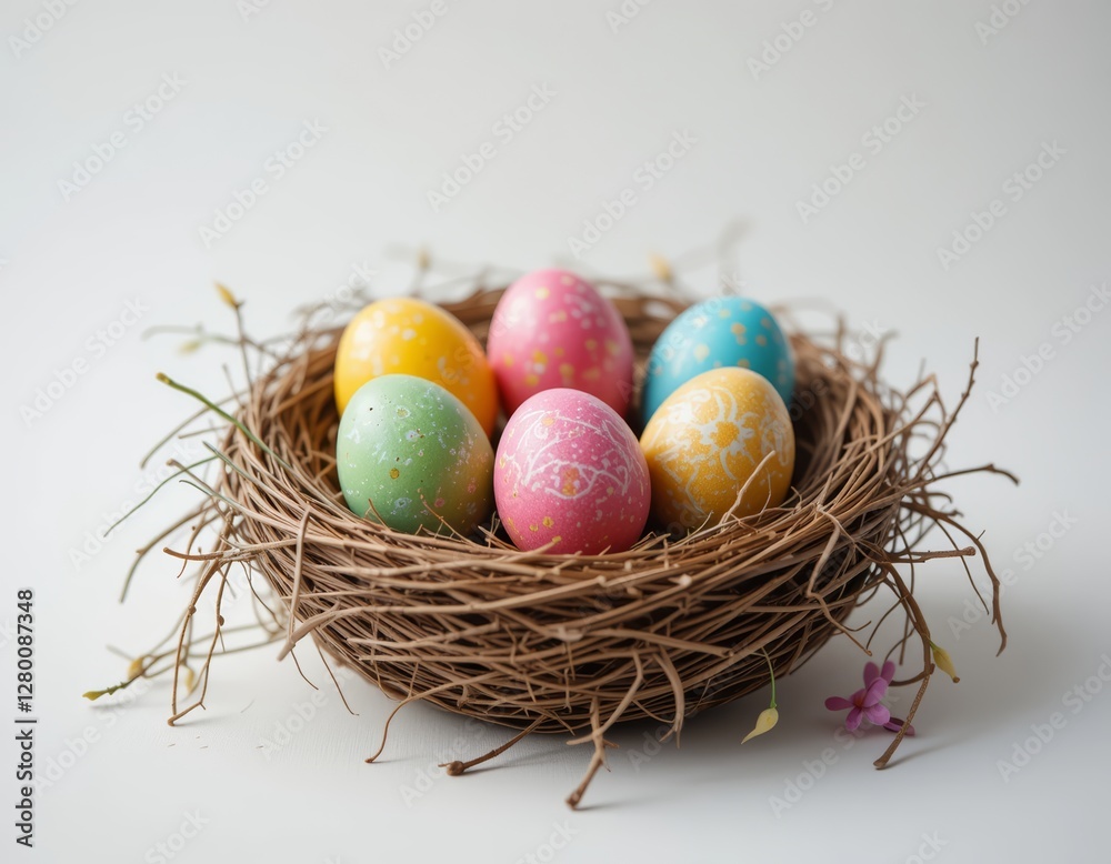 Obraz premium easter colored eggs in the nest on solid background