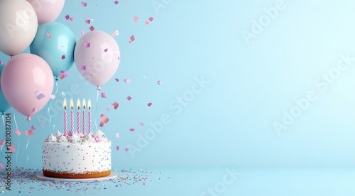 Happy birthday banner template with a cake and balloons on a light blue background