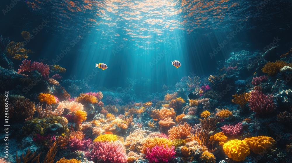 Naklejka premium Sunbeams illuminate vibrant coral reef, fish swim, ocean background, underwater scene