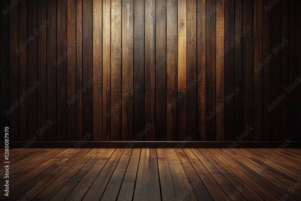 Dark brown wooden wall and floor background with copy space, 3D rendering, cinematic shot Dark brown wooden wall and floor background with copy space, 3D rendering, cinematic shot