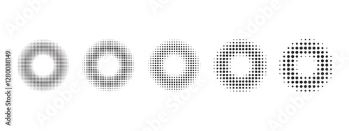 Halftone radial gradient effect background set, Set of speed dotted lines vector icons