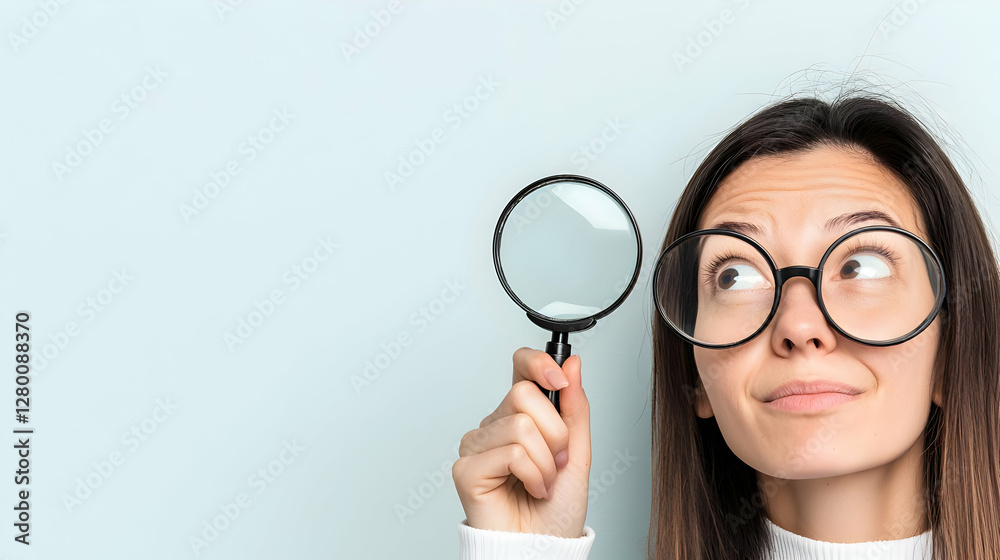 Businesswoman Analyzing Opportunities, Confident professional examining details with a magnifying glass, symbolizing focus and diligence in her work. Businesswoman Analyzing Opportunities, Confident professional examining details with a magnifying glass, symbolizing focus and diligence in her work.