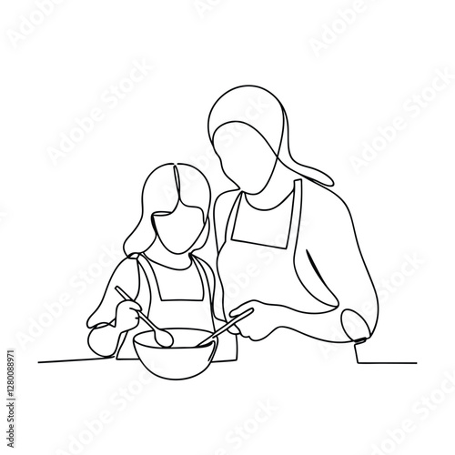 Mother and Daughter Baking Together A Continuous Line Drawing