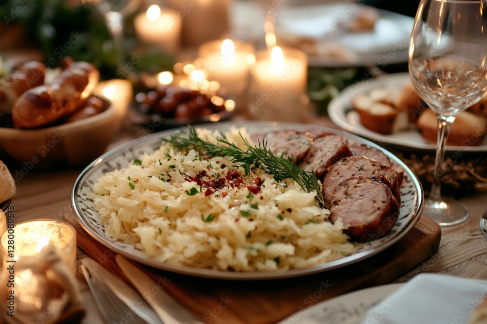Sauerkraut with grilled sausage and dill served on festive table with candles burning Sauerkraut with grilled sausage and dill served on festive table with candles burning