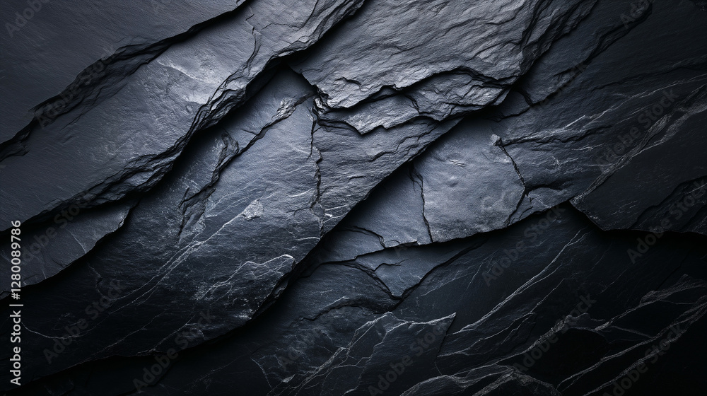 Dark slate stone texture with layered, rugged surface, showcasing natural patterns and shadows. image highlights intricate details and depth of stone surface, creating dramatic and textured Dark slate stone texture with layered, rugged surface, showcasing natural patterns and shadows. image highlights intricate details and depth of stone surface, creating dramatic and textured