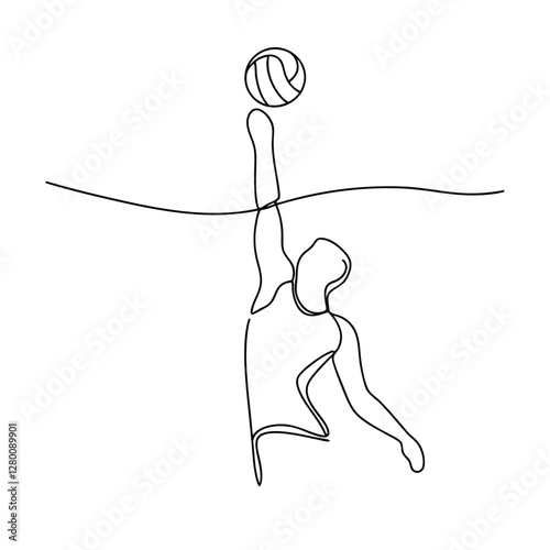 Oneline Volleyball Player Silhouette Art, Dynamic Serve, Sport Action