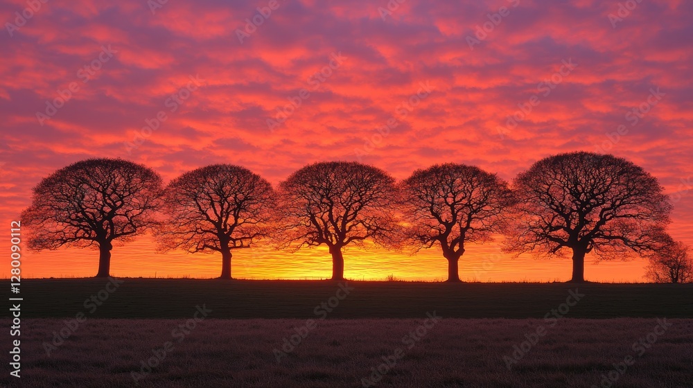 Sunrise silhouettes, four trees, field, vibrant sky Sunrise silhouettes, four trees, field, vibrant sky