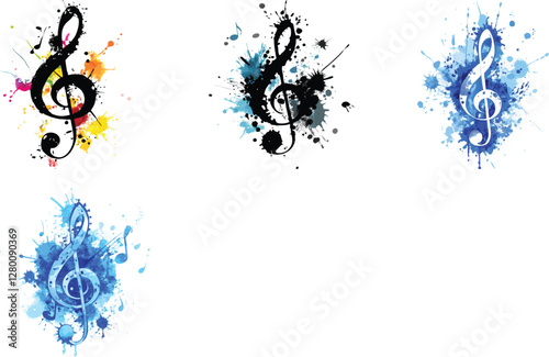 Grunge style treble clef  rendered in blue ink wash vector art set design 