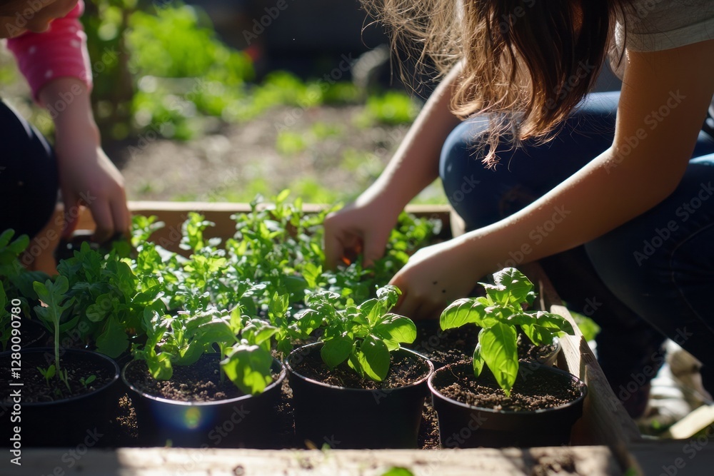 Fototapeta premium A mother and daughter plant a small herb garden in their backyard