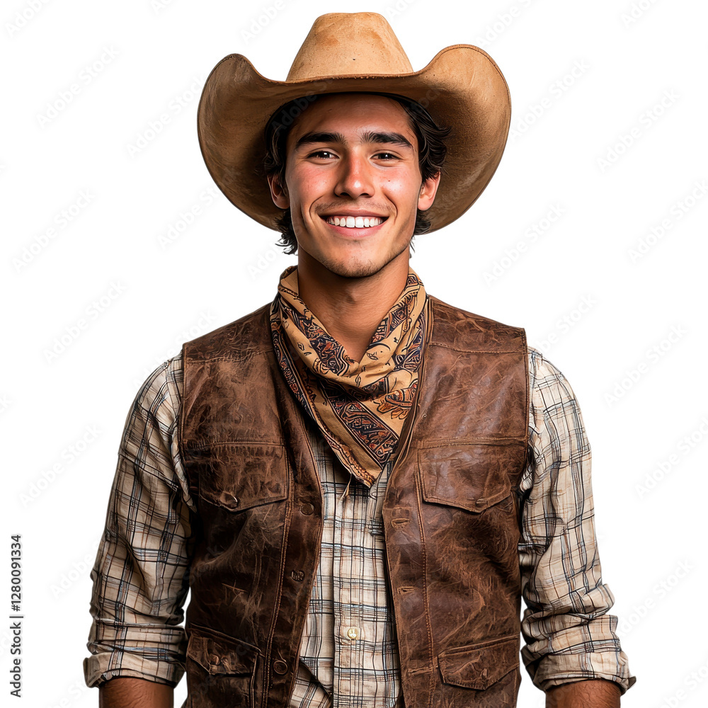 Fototapeta premium Handsome cowboy in a brown leather vest and scarf smiling warmly, isolated on transparent background