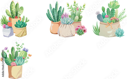 Watercolor painting of cacti and succulents in a bag vector art set design 