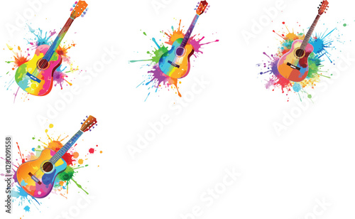 Watercolor style acoustic guitar splashed with color vector art set design
