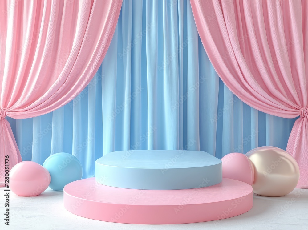 3D pastel blue and pink podium with a curtain background, ultra-realistic photography.