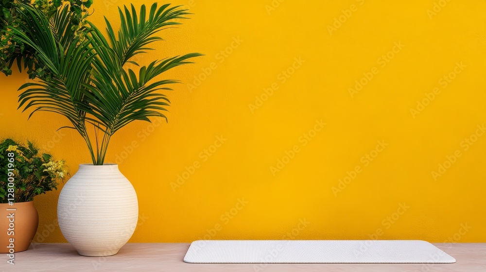 Fototapeta premium Vibrant Yellow Wall with Tropical Plants and White Mat Minimalist Summer Background for Product Display
