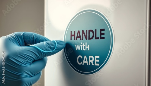 Gloved Hand Applying Handle With Care Sticker