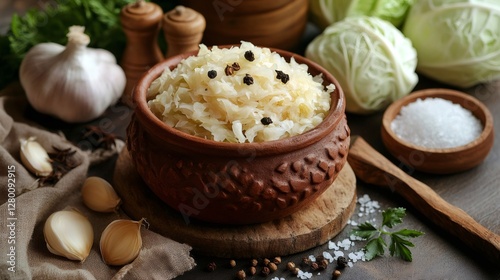 Clay pot with tasty sauerkraut, pepper, garlic, salt and cabbage on rustic wooden table