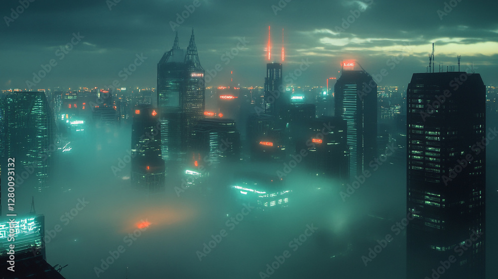 Fototapeta premium Futuristic Cyberpunk Cityscape at Night Aerial View