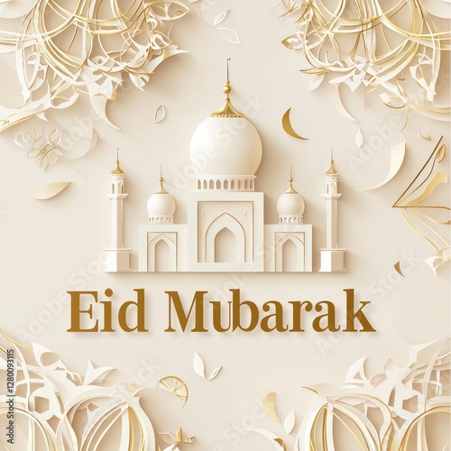 Wallpaper Mural Eid Mubarak in golden 3D text on the left, soft beige background with mosque silhouette. Torontodigital.ca