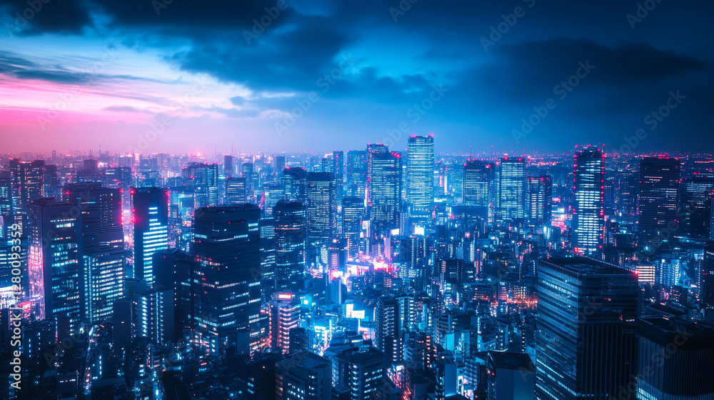Obraz premium Futuristic cityscape at night, technology usage