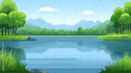 Pixelated idyllic lake scene surrounded by lush greenery under a serene blue sky perfect for digital art and background