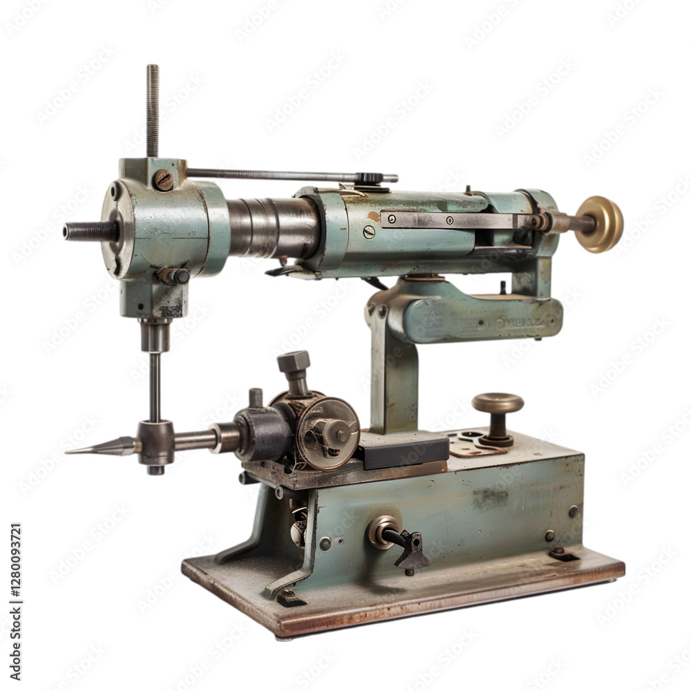 Fototapeta premium Vintage metal lathe machine showcasing precision engineering in a workshop setting