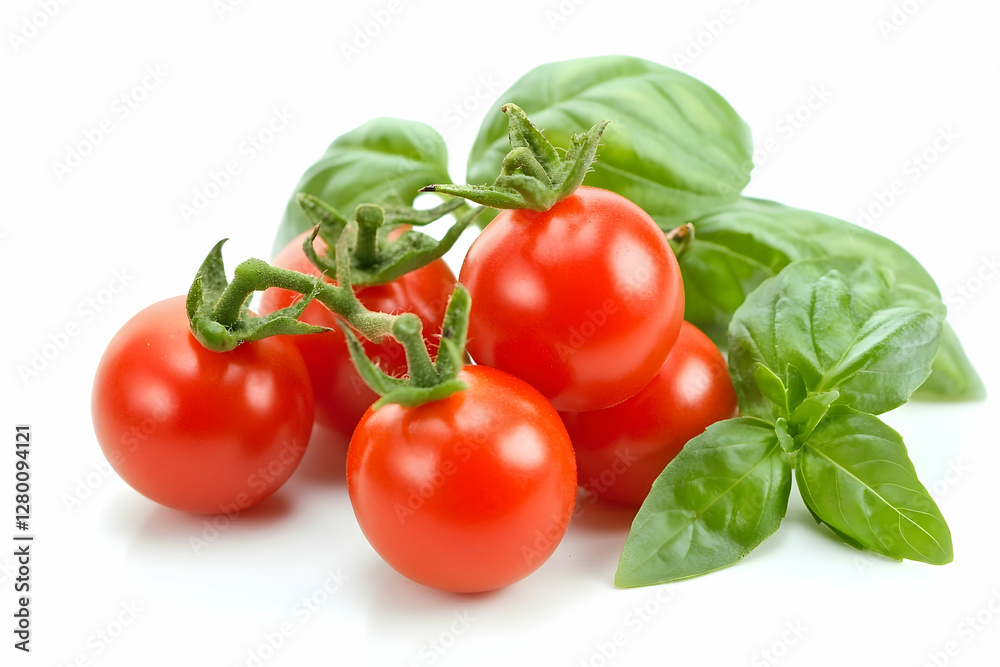 Fresh cherry tomatoes on the vine with vibrant green basil leaves, isolated Fresh cherry tomatoes on the vine with vibrant green basil leaves, isolated