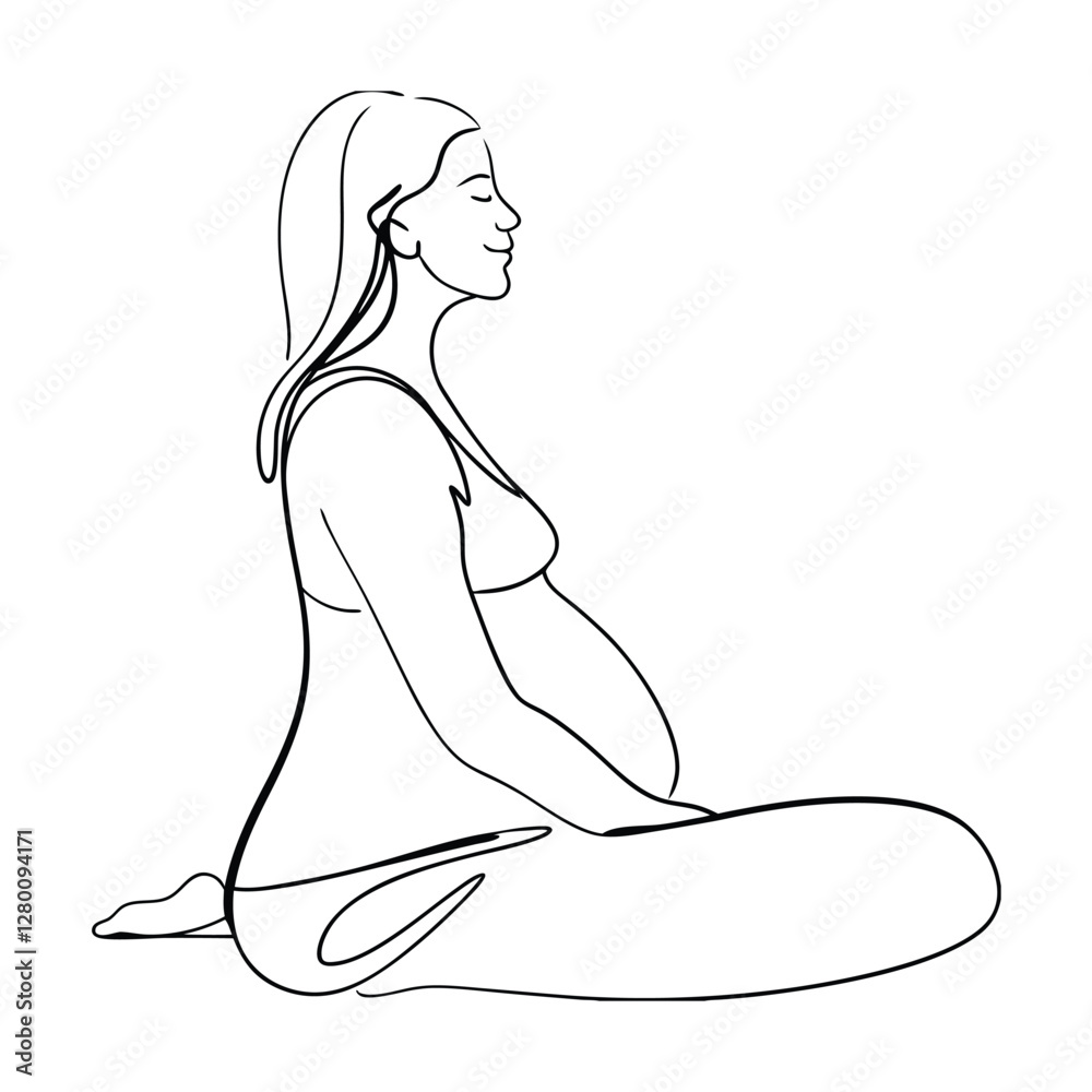 Serene Pregnant Woman Meditating in Yoga Pose, OneLine Drawing Serene Pregnant Woman Meditating in Yoga Pose, OneLine Drawing