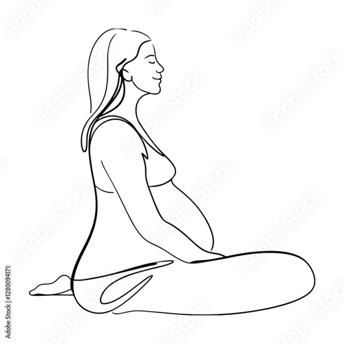 Serene Pregnant Woman Meditating in Yoga Pose, OneLine Drawing